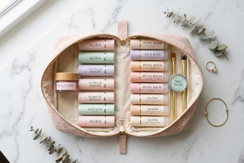 Mulher organizando produtos de beleza na necessaire