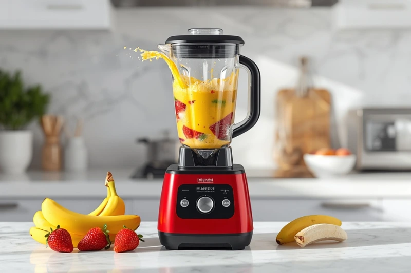 Liquidificador Turbo Power Mondial 550W em destaque sobre a bancada com frutas frescas ao redor