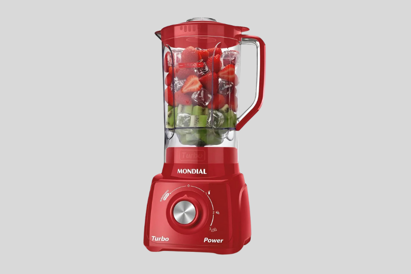 Detalhe das lâminas e especificações técnicas do Liquidificador Turbo Power Mondial 550W L-99 FR.