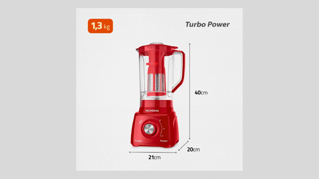 Imagem do Liquidificador Turbo Power Mondial 550W L-99 FR em destaque, exibindo seu design moderno na cor vermelha e jarra resistente.
