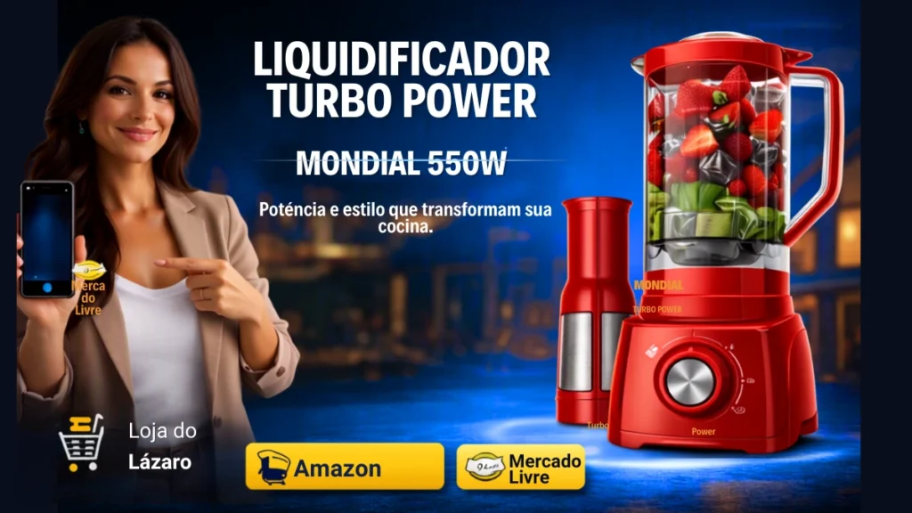 Liquidificador Turbo Power Mondial 550W vermelho com jarra de frutas e design moderno.