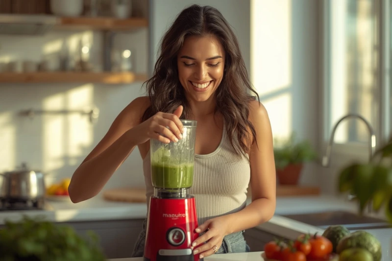 Mulher preparando suco verde com o Liquidificador Turbo Power Mondial 550W na cozinha moderna