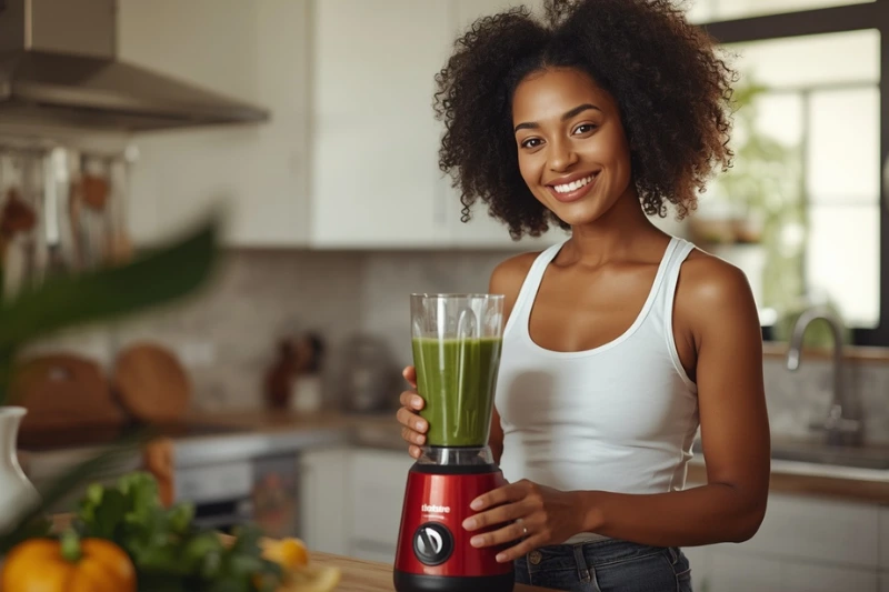 Mulher preparando vitamina saudável com o Liquidificador Turbo Power Mondial 550W na cozinha moderna