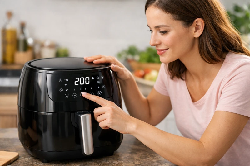 
Mulher ajustando os controles de uma Fritadeira Air Fryer em cozinha moderna, configurando temperatura e tempo de preparo.