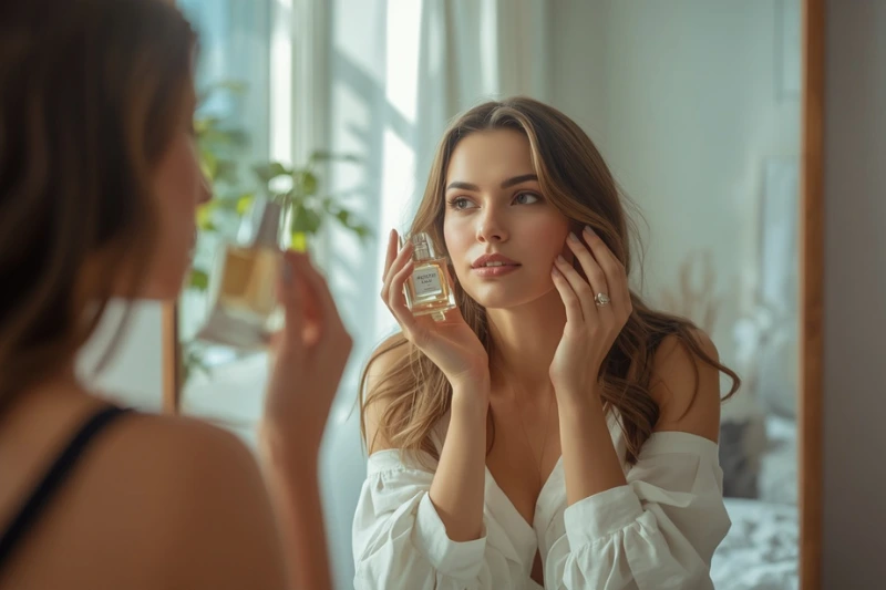 Mulher aplicando perfume feminino nos pulsos em frente ao espelho para realçar sua essência.