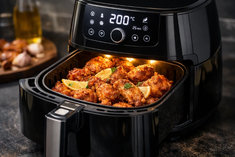 Fritadeira Air Fryer aberta com frango crocante sendo preparado em uma cozinha planejada moderna.