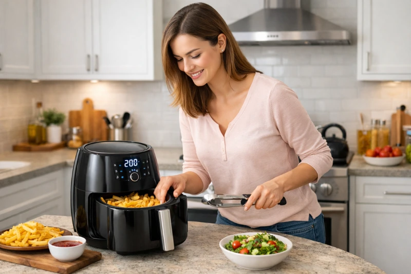 Mulher operando uma Fritadeira Air Fryer em cozinha moderna, preparando batatas fritas crocantes.