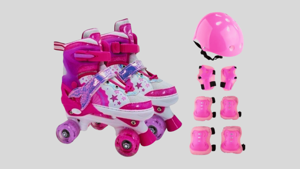 Patins quad ajustáveis rosa com rodinhas LED e kit de proteção completo para prática de patinação ao ar livre.