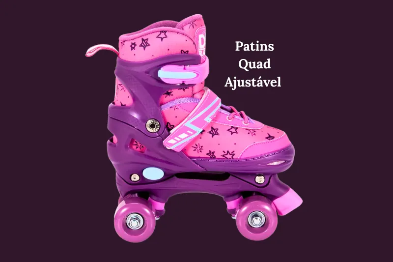 Patins Quad Ajustável na cor rosa e roxo com rodinhas de LED luminosas, destacando o sistema de ajuste e design moderno para iniciantes.Patins Quad Ajustável