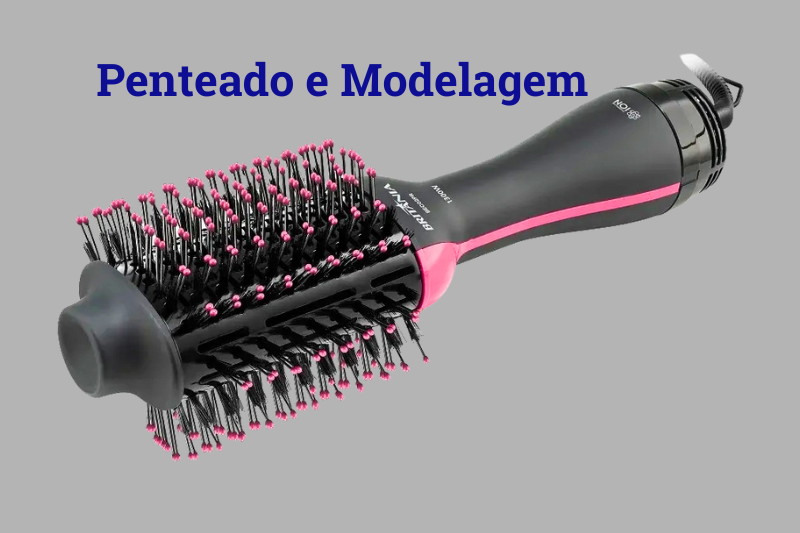 Escova modeladora profissional para cabelo com destaque em Penteado e Modelagem, mostrando design moderno e funcionalidade prática.