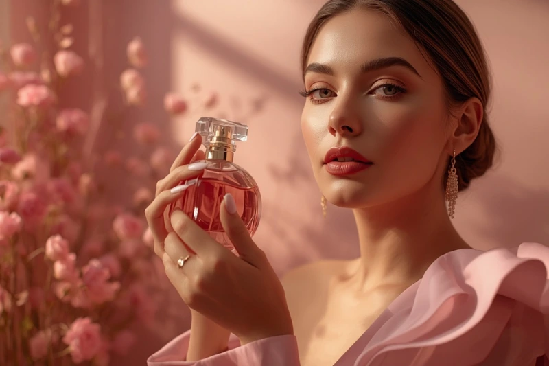 Mulher aplicando perfume feminino nos pulsos em frente ao espelho para realçar sua essência.