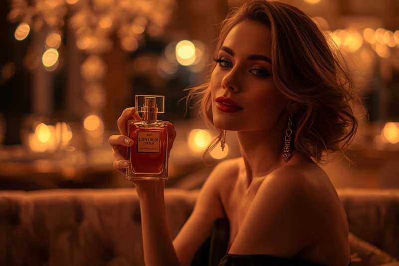 Mulher elegante segurando um frasco de perfume feminino em um ambiente noturno aconchegante e sofisticado.