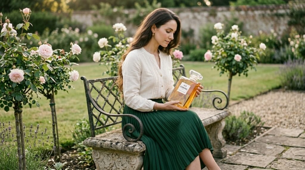 Mulher elegante entre flores representando os perfumes importados 2026