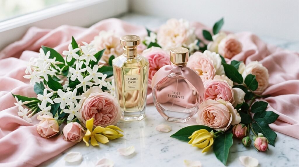 Frasco de perfume feminino delicado entre flores rosas e pétalas