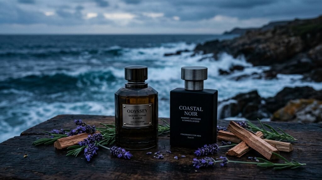 Frascos de perfume masculino sobre pedras com mar ao fundo