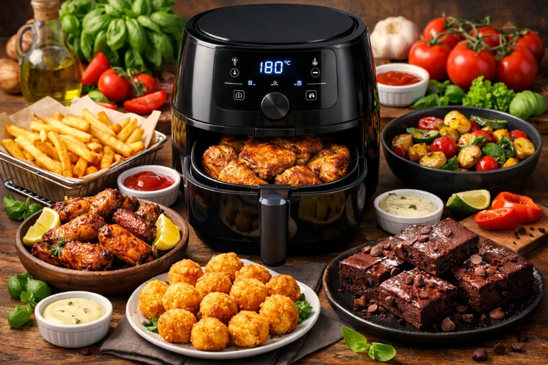 
Mesa com diversos pratos preparados na Fritadeira Air Fryer, incluindo batatas fritas, frango crocante e sobremesas.