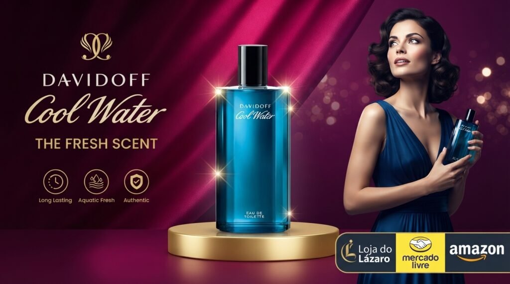 Banner promocional do perfume Davidoff Cool Water com frasco azul no centro, mulher elegante à direita e logotipos da Loja do Lázaro, Mercado Livre e Amazon no canto.