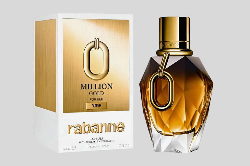 Frasco elegante do perfume Million Gold For Her Parfum da Paco Rabanne em tom dourado, símbolo de luxo e sofisticação feminina.
