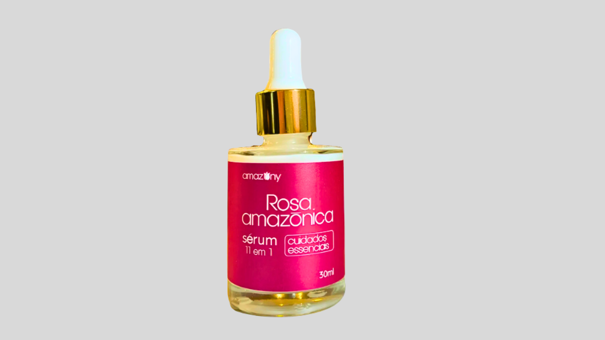 Sérum de Rosa Mosqueta Amazônica da Amazony em frasco elegante, usado para hidratar, regenerar e rejuvenescer a pele feminina com ativos naturais da Amazônia.
