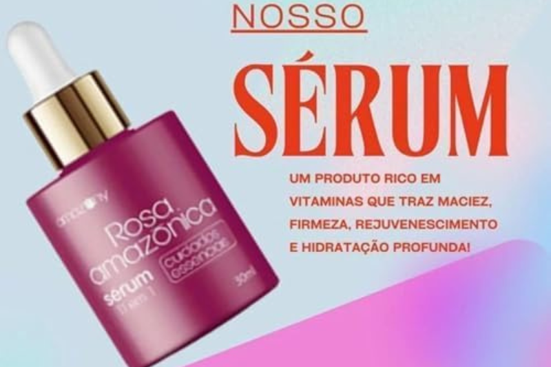 Frasco do Sérum de Rosa Mosqueta Amazônica da Amazony sobre fundo natural, destacando sua cor e embalagem elegante.
