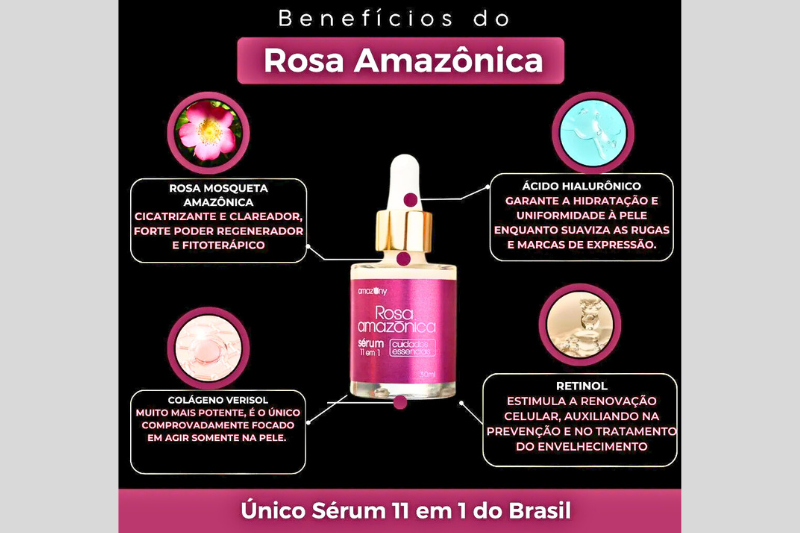 Sérum de Rosa Mosqueta Amazônica da Amazonia ao lado de rosas e folhas, transmitindo sua origem natural e ingredientes amazônicos.
