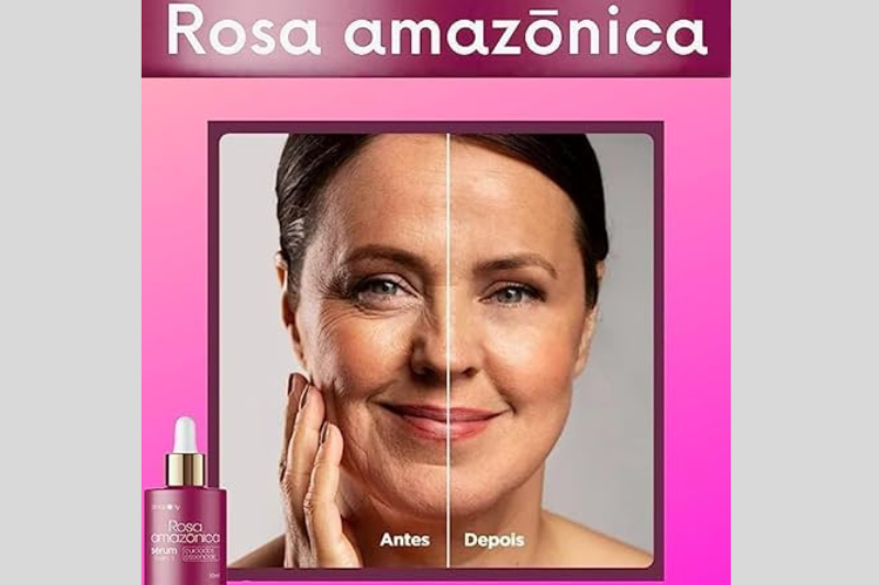 Close do rosto aplicando o Sérum de Rosa Mosqueta Amazônica da Amazony na pele, mostrando textura e absorção rápida.
