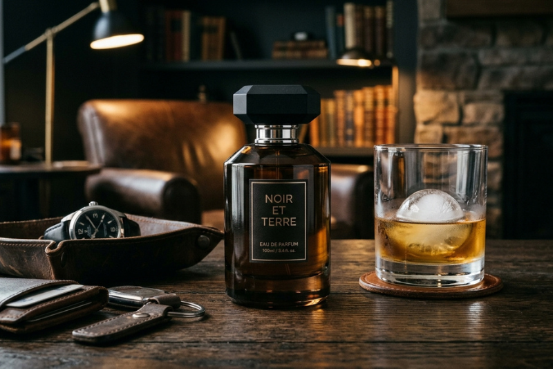 Coleção de perfumes importados masculinos sobre superfície escura com iluminação sofisticada