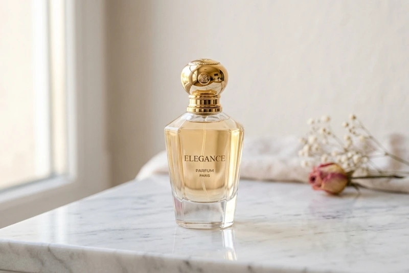 Top 5 perfumes 2026 — frasco de fragrância floral feminina sobre mármore branco