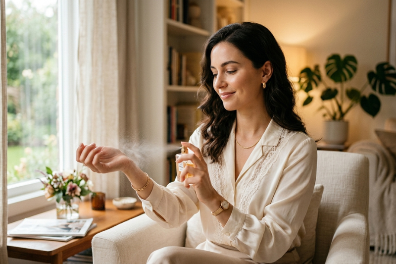 Top 5 perfumes 2026 — mulher elegante aplicando fragrância em momento sofisticado