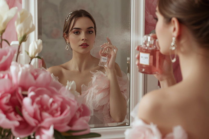 Mulher admirando sua imagem no espelho enquanto aplica perfume Versace em um ambiente elegante e sofisticado