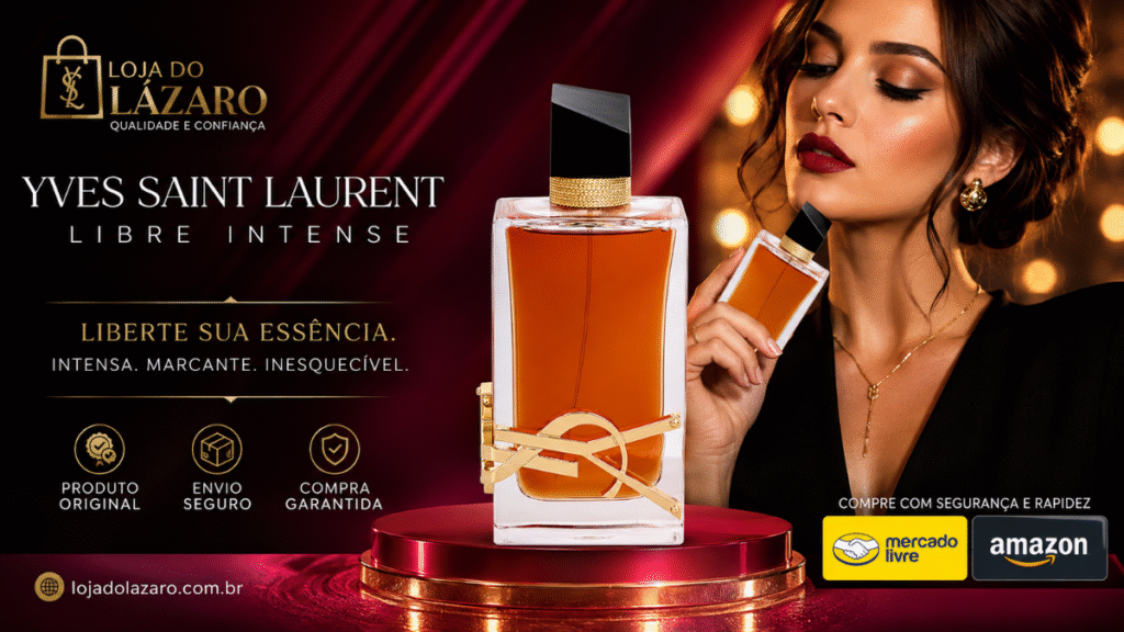 Frasco do perfume Yves Saint Laurent Libre Le Parfum com líquido âmbar e tampa dourada, ao lado de uma mulher elegante segurando o frasco menor, sobre fundo vermelho e dourado.