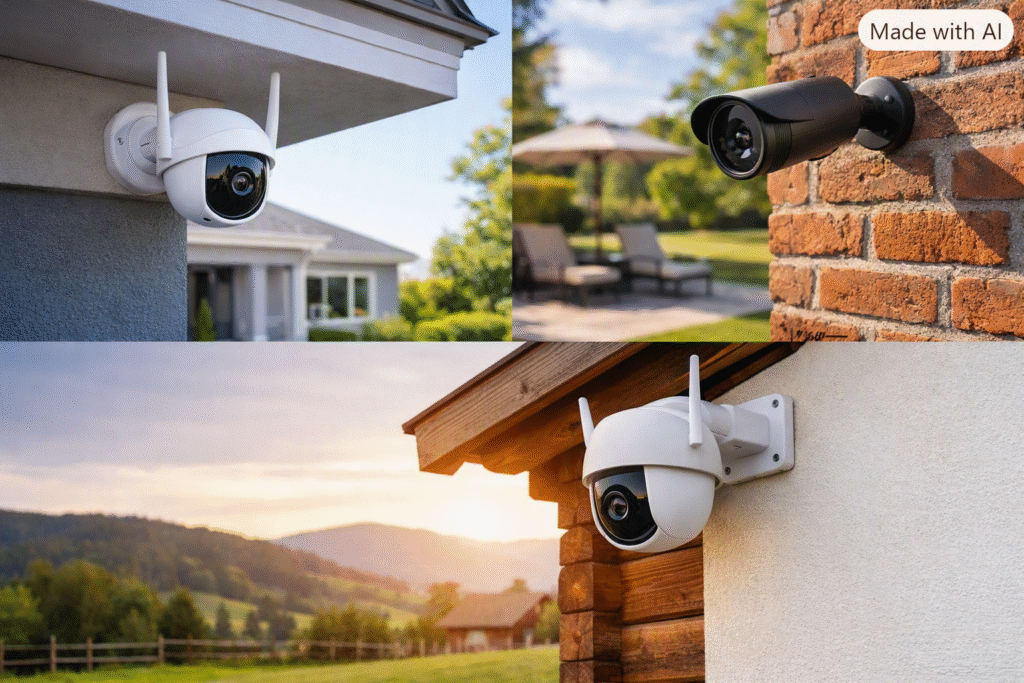 Câmera de segurança barata instalada na fachada da casa, monitorando entrada e garagem com conexão Wi‑Fi.