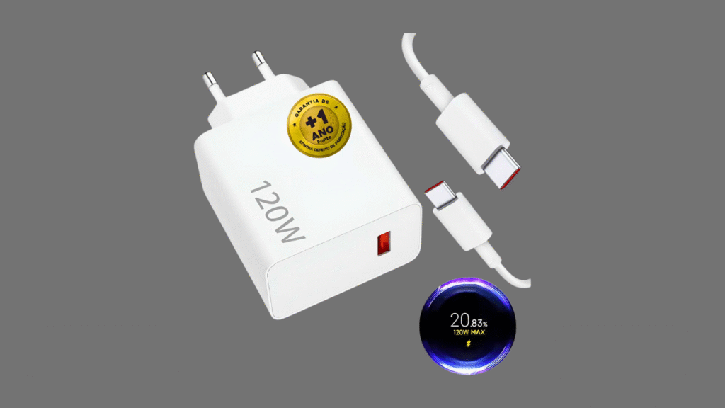 Carregador rápido de 120W para Xiaomi Redmi 13, com cabo USB-C e suporte a carregamento turbo.
