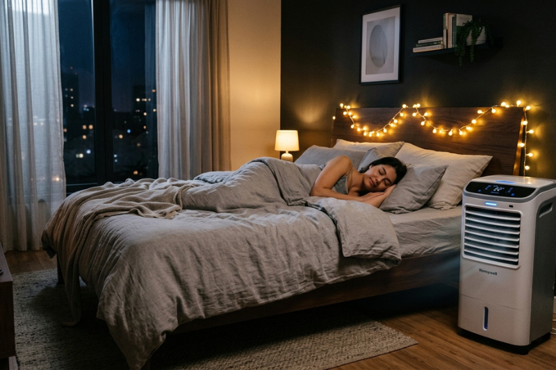 climatizador de ar no quarto durante a noite proporcionando conforto térmico e sono mais agradável