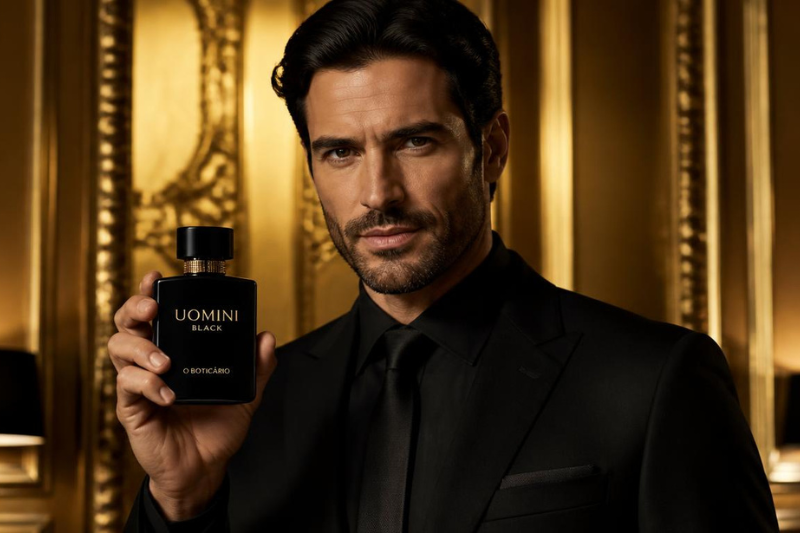 Frasco do perfume Uomini Black O Boticário sobre superfície refletiva, com fundo dourado em bokeh, representando elegância e sofisticação masculina.