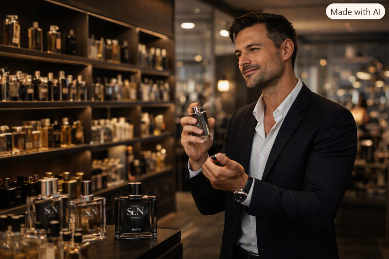 Homem elegante em perfumaria moderna experimentando colônia masculina, cercado por frascos sofisticados e iluminação aconchegante.