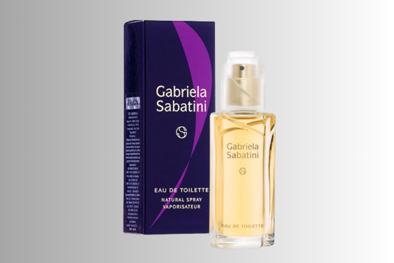 Melhores perfumes importados 2026: perfume Gabriela Sabatini em destaque com modelo feminina elegante, identidade visual da Loja do Lázaro e logotipos da Amazon e Mercado Livre