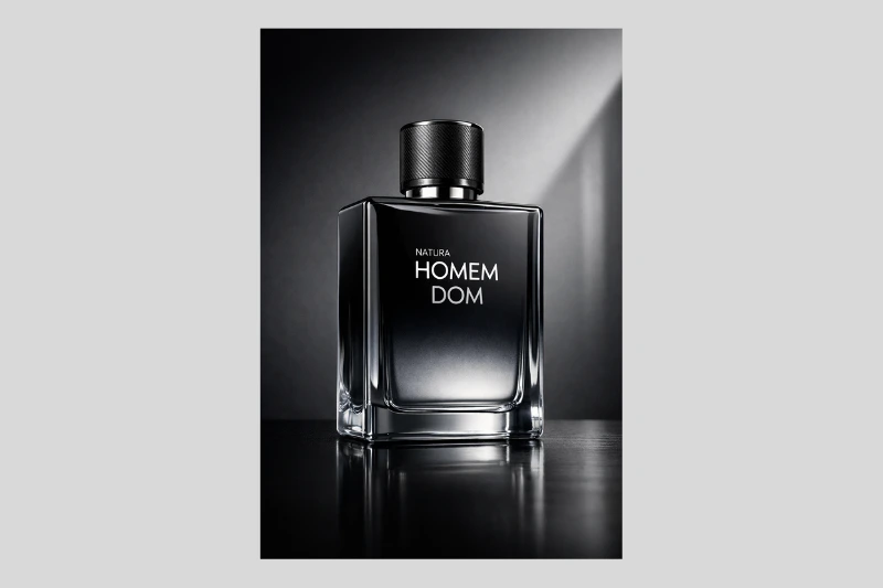 Perfume Natura Homem DOM em frasco sofisticado, design moderno e elegante com acabamento metálico e fundo minimalista.