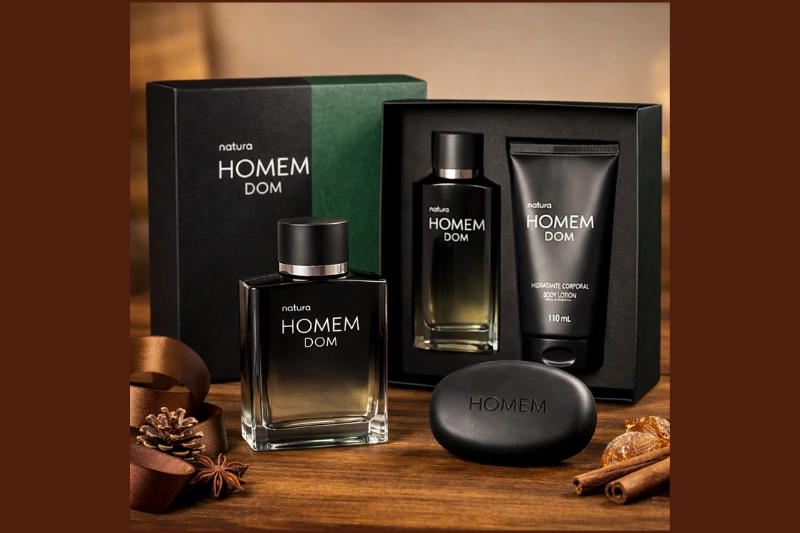 Kit presente Natura Homem DOM com perfume, hidratante e sabonete, embalagem elegante que reflete sofisticação e cuidado pessoal.