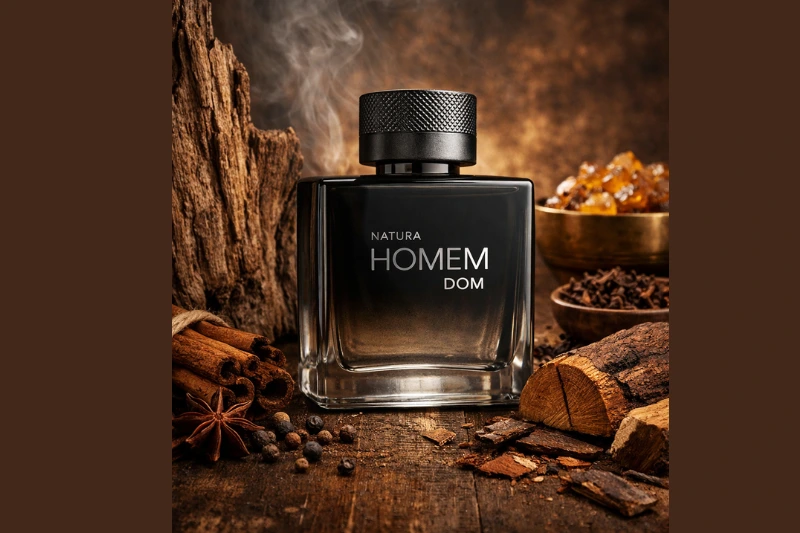 Perfume Natura Homem DOM com notas amadeiradas, frasco elegante em cenário de madeira e especiarias, transmitindo força e sofisticação.