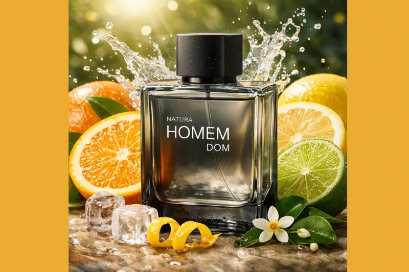 Perfume Natura Homem DOM com notas cítricas, frasco elegante cercado por laranja, limão e lima, transmitindo frescor e vitalidade.