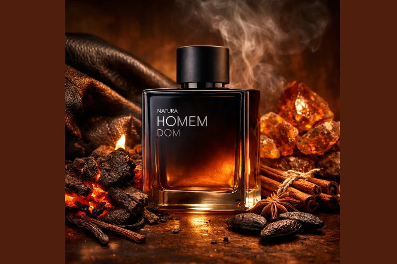 Perfume Natura Homem DOM com notas de fundo quentes, frasco elegante cercado por âmbar e especiarias.
