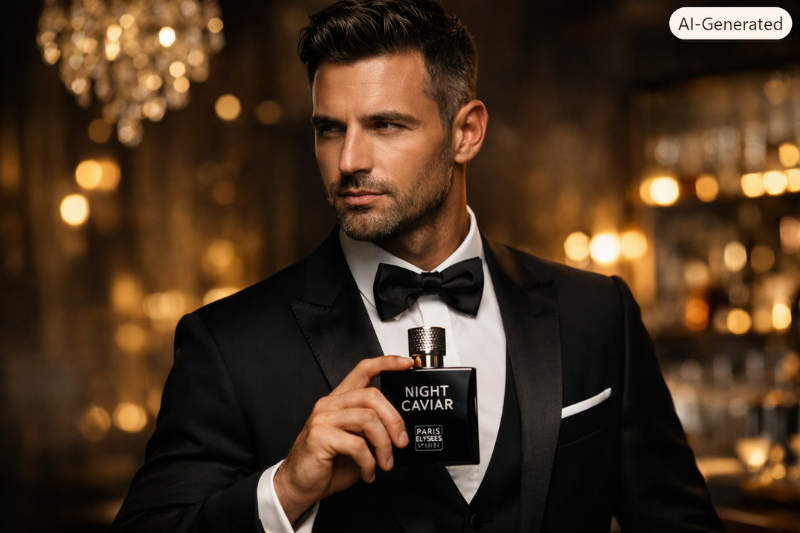 Homem elegante segurando o perfume Night Caviar da linha Perfumes Paris Elysees.