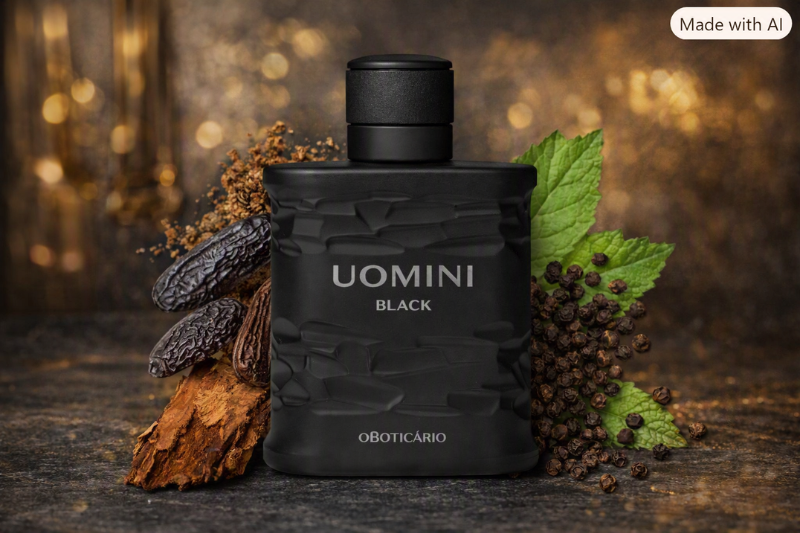 Frasco do perfume Uomini Black O Boticário cercado por ingredientes naturais como tonka, canela, pimenta‑preta e folhas verdes, representando sofisticação e intensidade masculina.