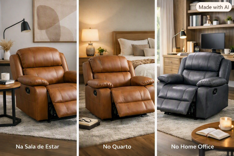 Poltrona Reclinável Austin em sala, quarto e home office, destacando versatilidade e conforto em diferentes espaços da casa.