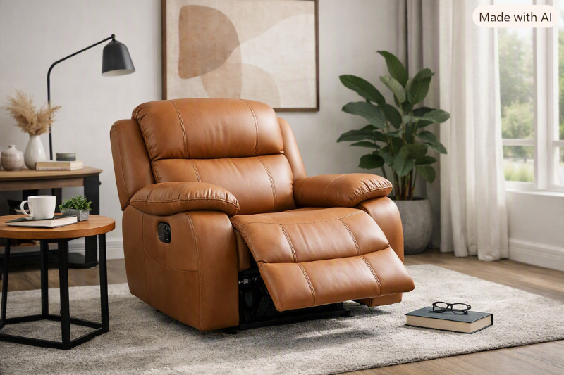 Poltrona Reclinável Austin em sala moderna, destacando conforto e design elegante em couro caramelo.