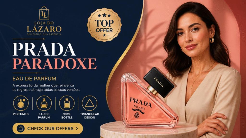 Banner promocional Loja do Lázaro com perfume Prada Paradoxe Eau de Parfum 90ml em destaque.