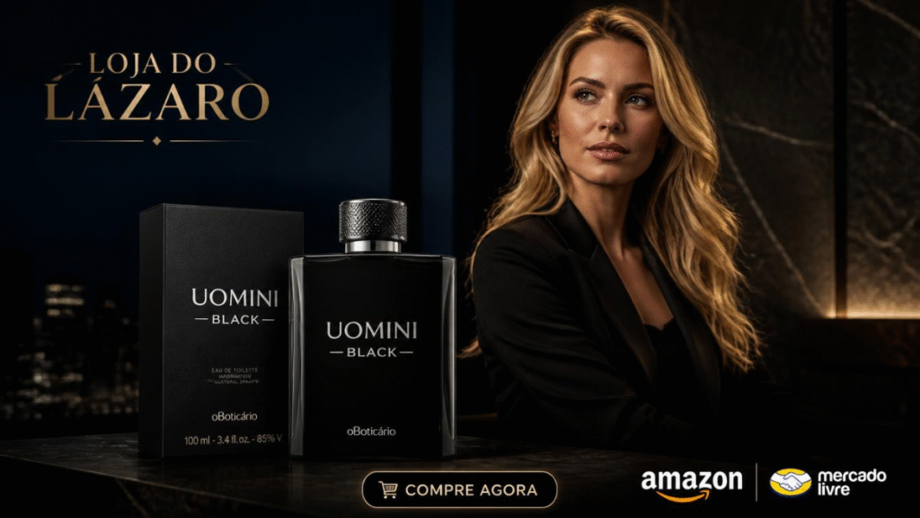 Frasco de perfume Uomini Black ao lado de uma mulher elegante em ambiente sofisticado.