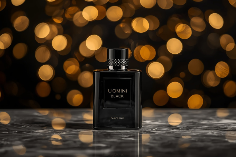 Frasco do perfume Uomini Black O Boticário sobre superfície de mármore refletiva, com fundo dourado em bokeh, representando luxo, sofisticação e intensidade masculina.