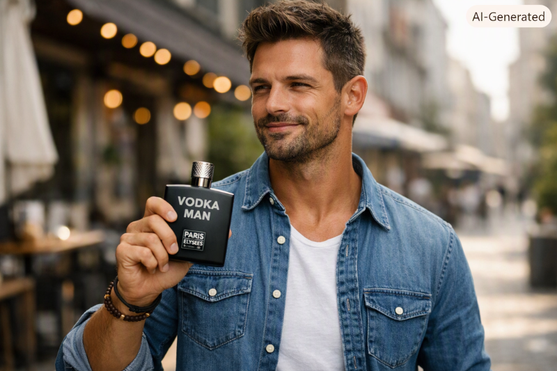 Homem jovem e casual exibindo o perfume Vodka Man da marca Perfumes Paris Elysees.